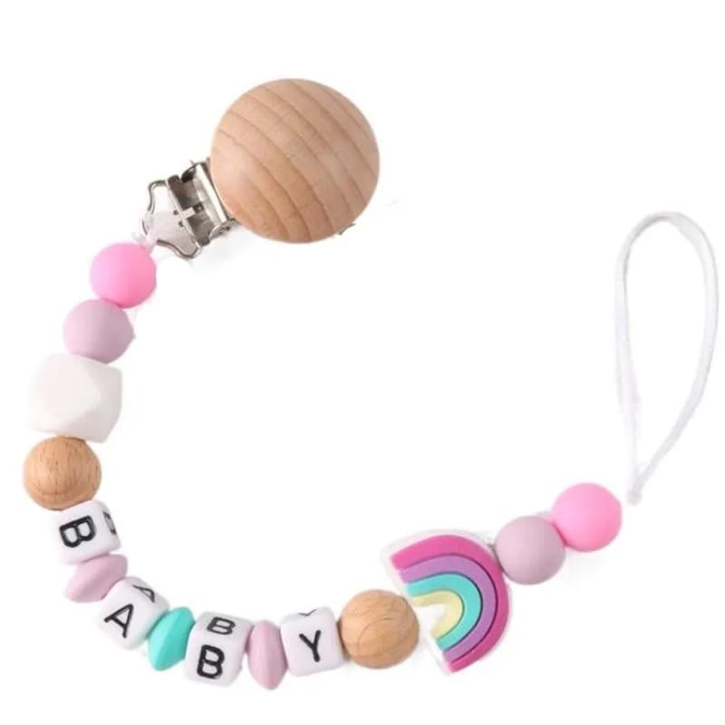 Nome della lettera inglese personalizzato Perline arcobaleno in silicone Ciuccio per bambini Clip per catena Pendenti per massaggiagengive Kawaii