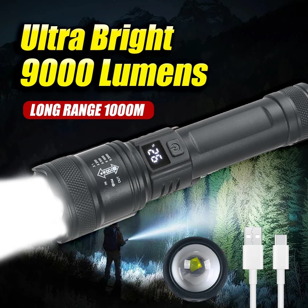Torce a LED ad alta potenza Torcia ricaricabile con zoom tattico Faretti con batteria incorporata Lanterna di emergenza da campeggio esterna