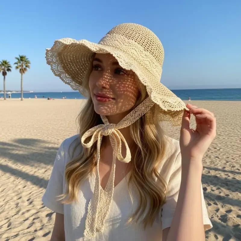 Cappello da sole da donna in paglia con laccio in pizzo e bordo largo, traforato, per vacanze al mare