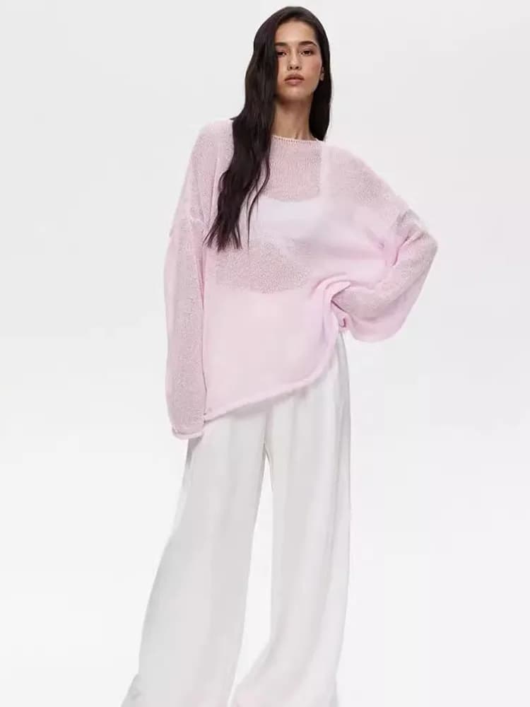 Pullover con maglione cavo lavorato a maglia Tossy Pullover con scollo tondo in tinta unita a maniche lunghe allentato da donna See-Through Street Top Pullover