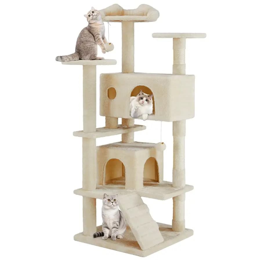 Albero per gatti multilivello da 54 pollici con casetta, posatoi, posti di grattamento in sisal e scala per arrampicarsi, con palline giocattolo e casa per animali domestici