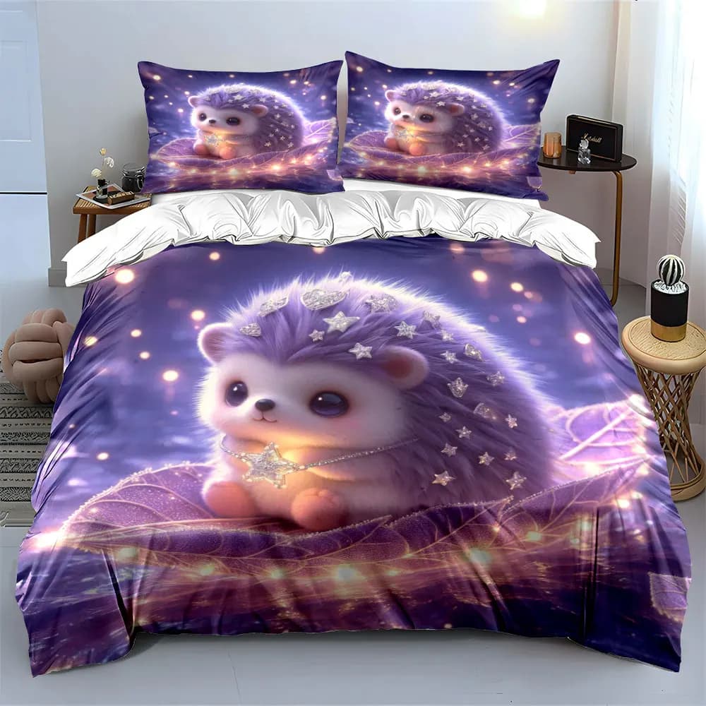 Set Copripiumino con Stampa 3D di Riccio Viola Stellato Galleggiante, Design Fantasioso, Set Biancheria da Letto in Morbido Poliestere, Comfort per Tutte le Stagioni