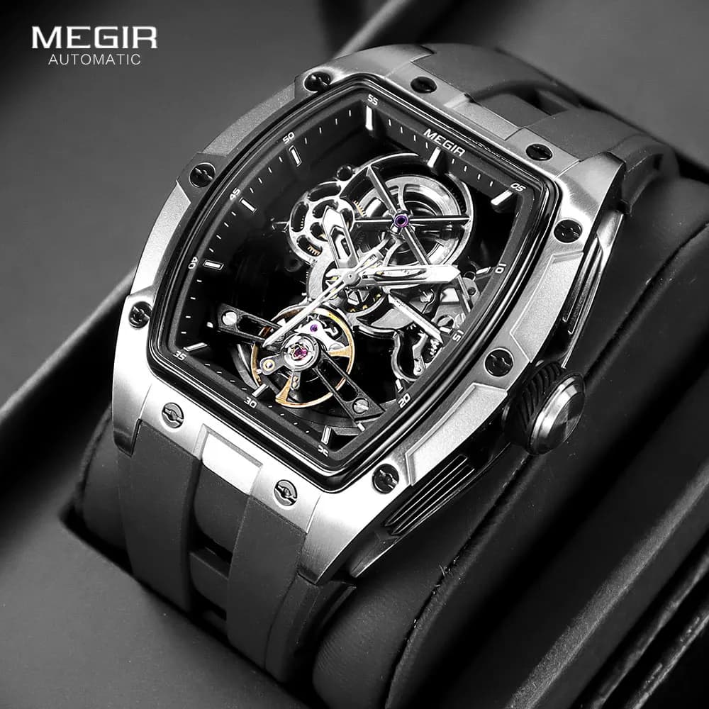 MEGIR orologio da polso da uomo moda nero impermeabile orologio meccanico automatico con lancette luminose cinturino in Silicone quadrante Tonneau 2242