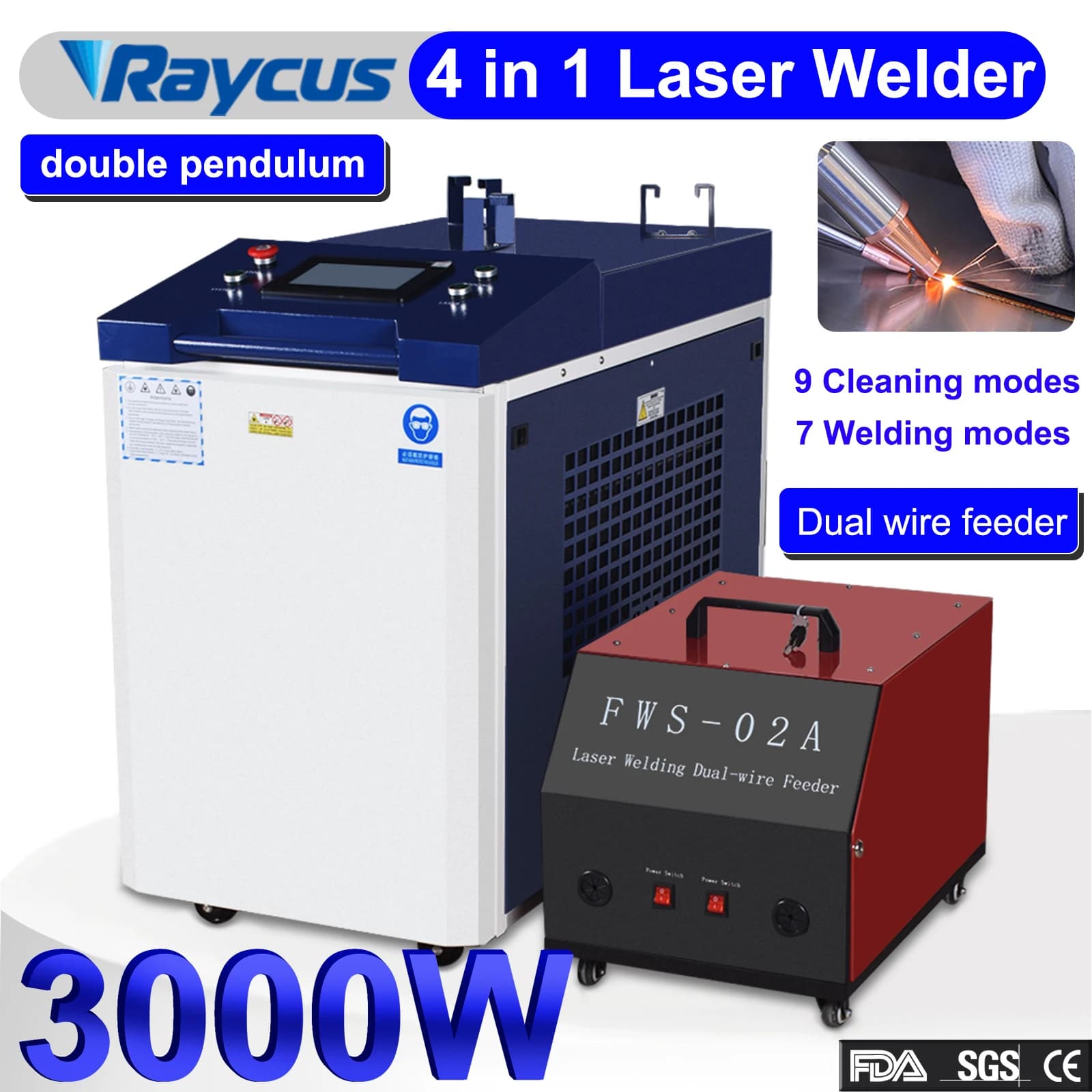 Saldatrice Laser Raycus 3000W con Doppio Alimentatore di Filo 4 in 1 per Saldatura, Pulizia e Taglio di Metalli, Doppio Pendolo, Stock UE
