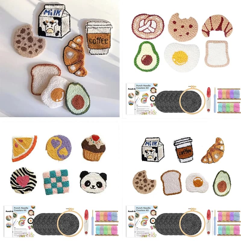 Craft Punch Needle Coasters Kit Easy Wool Poke Magic Needle Embroidery Set Making Tufted Mug Rug Pads Coaster for Adult Beginner