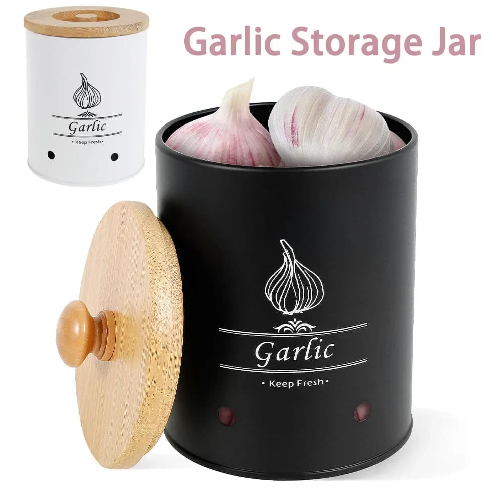 Garlic Keeper Storage Jar Versatile Onion Potato Garlic Storage Box with Wood Lid Food Containers with Aerating Holes for Home