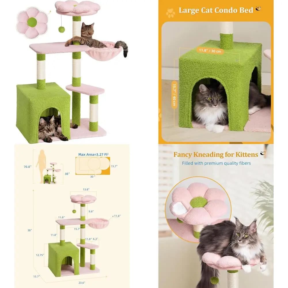 Condominio per Gatti a 2 Porte con Albero per Gatti da 41,2 cm, Tiragraffi, Posizione Rilassante, Amaca per Gatti Adulti in Verde Rosa