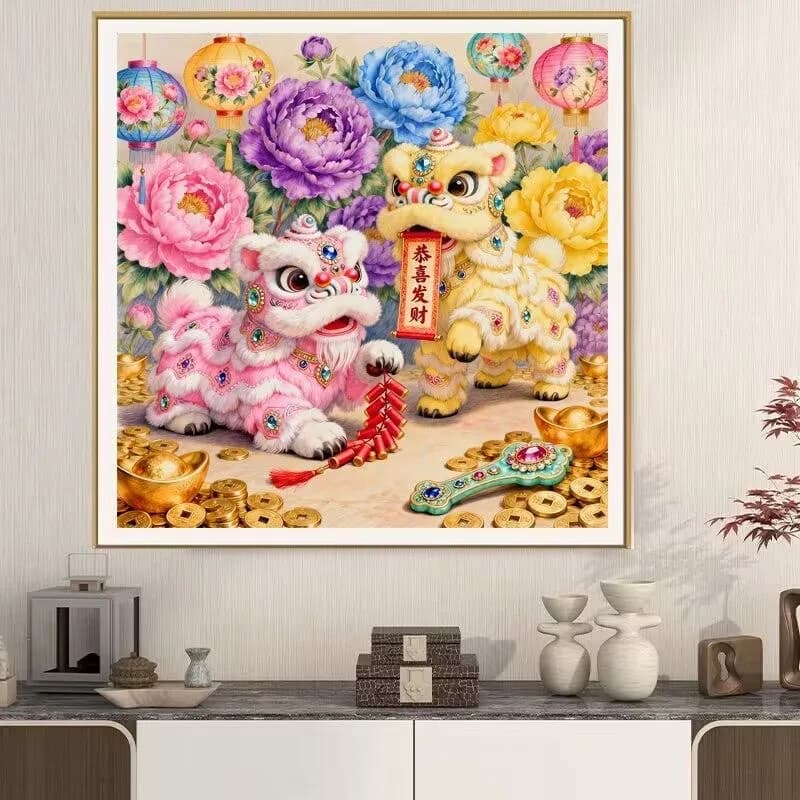 11CT 9CT Ricamo danza del leone, punto croce stampato, set per kit da ricamo Punto croce completo 65X65 cm