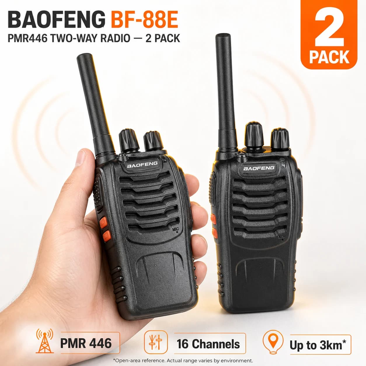 2PCS BAOFENG BF-88E PMR446 Walkie Talkies, 16CH 0.5W, VOX, CTCSS/DCS, Scan, USB Charging, Earpieces