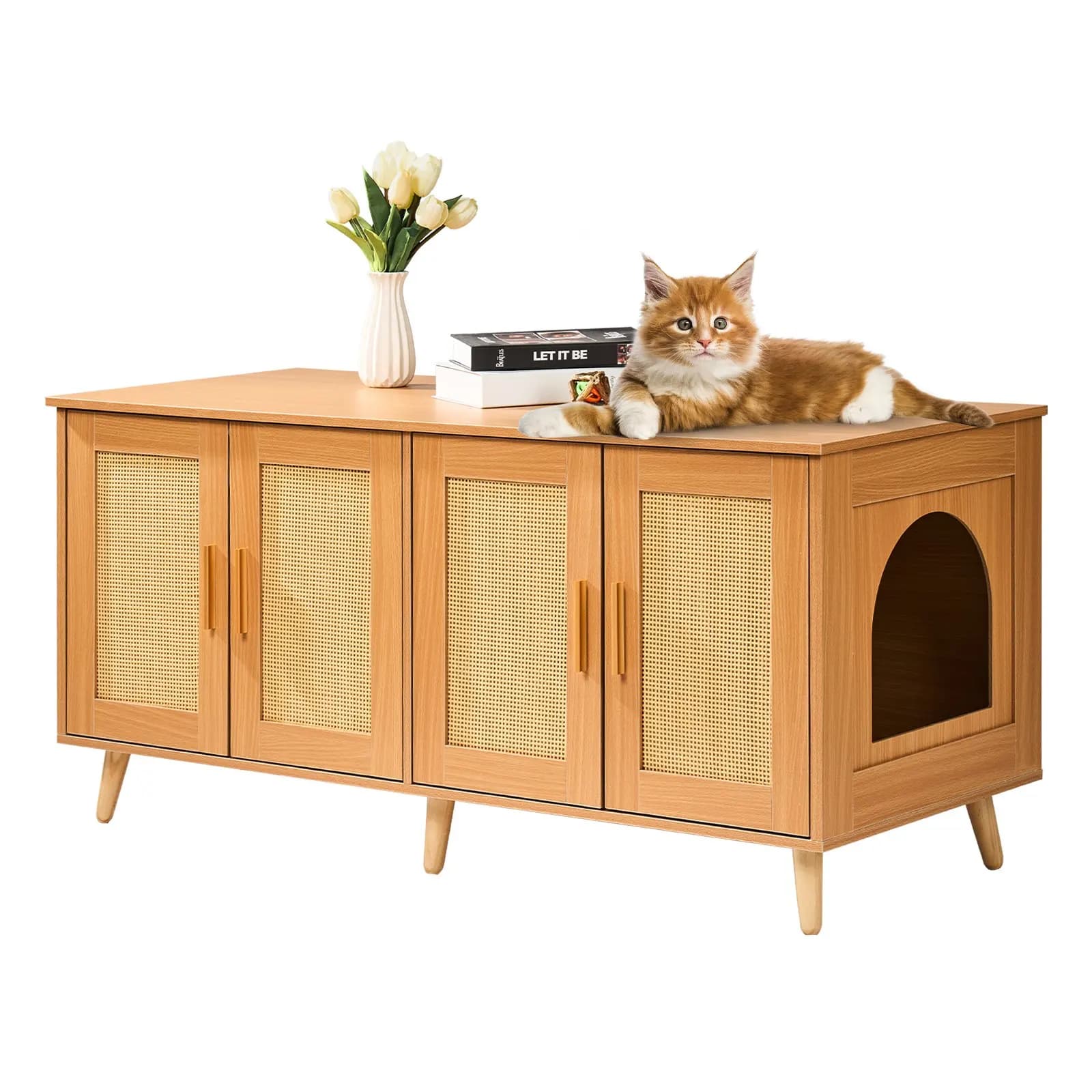 Mobiletto per lettiera per 2 gatti, mobiletto per lettiera nascosto con ante decorate in rattan, mobiletto in legno per lettiera adatto alla maggior parte dei gatti