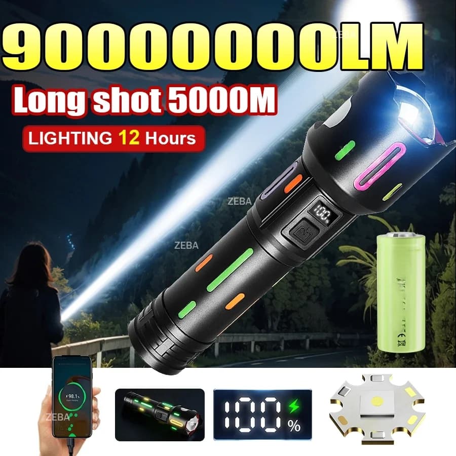 90000000LM High Power LED Flashlight With Fluorescent Head Long Range 5000M Torch Light Zoom Rechagreable Portable Lamp Camping