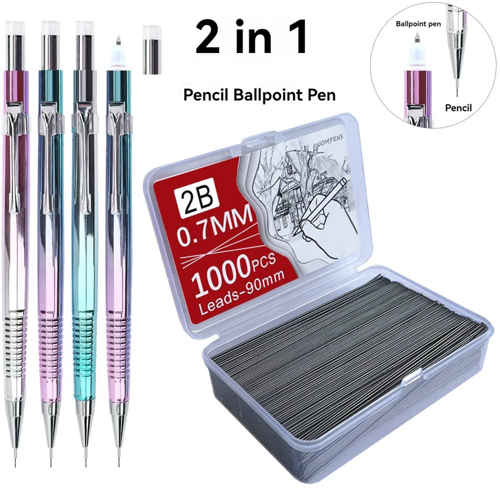 3+1000Pcs Mechanical Pencil Set 0.5/0.7/0.9 mm with Lead Refill for Writing Sketching Drawing Painting School Automatic Pencils