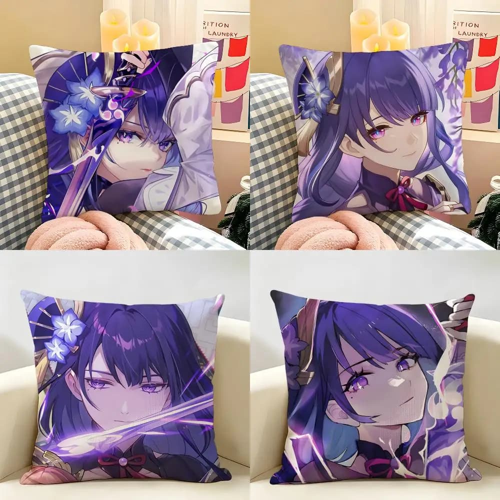 Raiden Shogun Genshin Impact Cushion Cover Natural Linen Organic Fabric Double-Sided Printing Room Sofa Decor Pillow Case