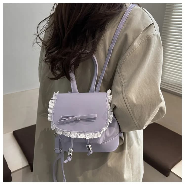 Casual shoulder backpack with PU leather lace edges, a gentle and sweet mini commuter bag for women