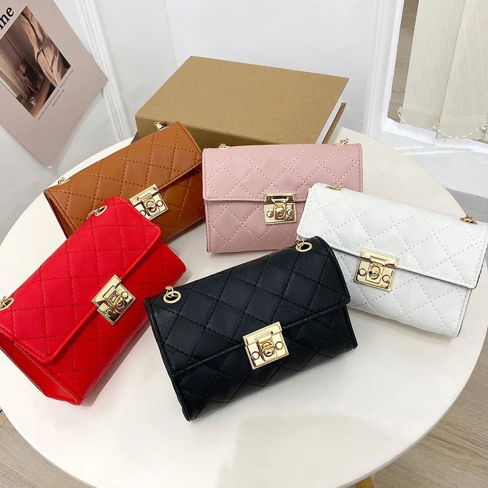 Borsa a tracolla coreana con griglia di diamanti - Borsa quadrata classica ricamata da donna con catena di chiusura, borse a tracolla per telefono da donna