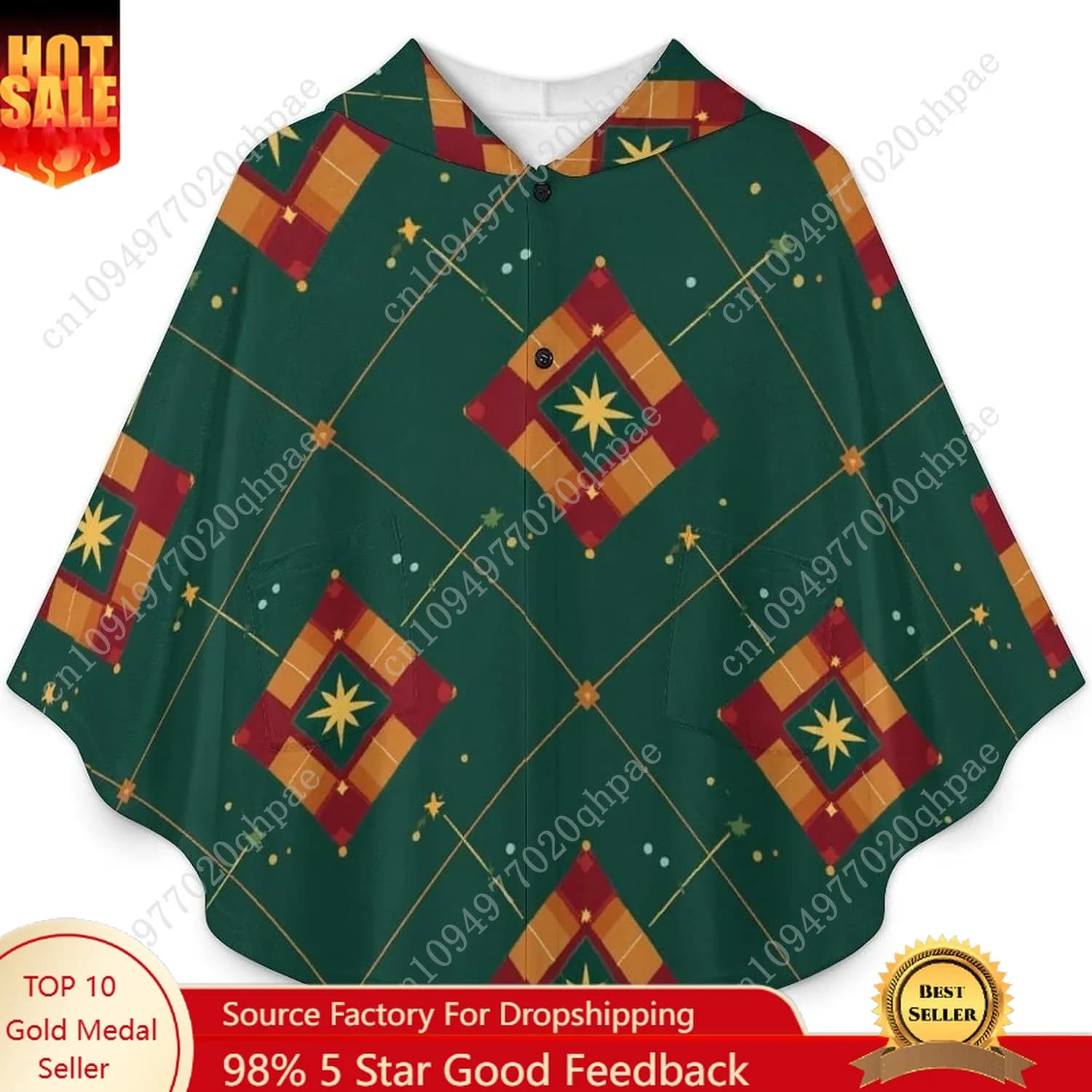 Comodo maglione coperta in flanella, felpa con cappuccio oversize verde con motivo geometrico con tasche per bambini e adolescenti