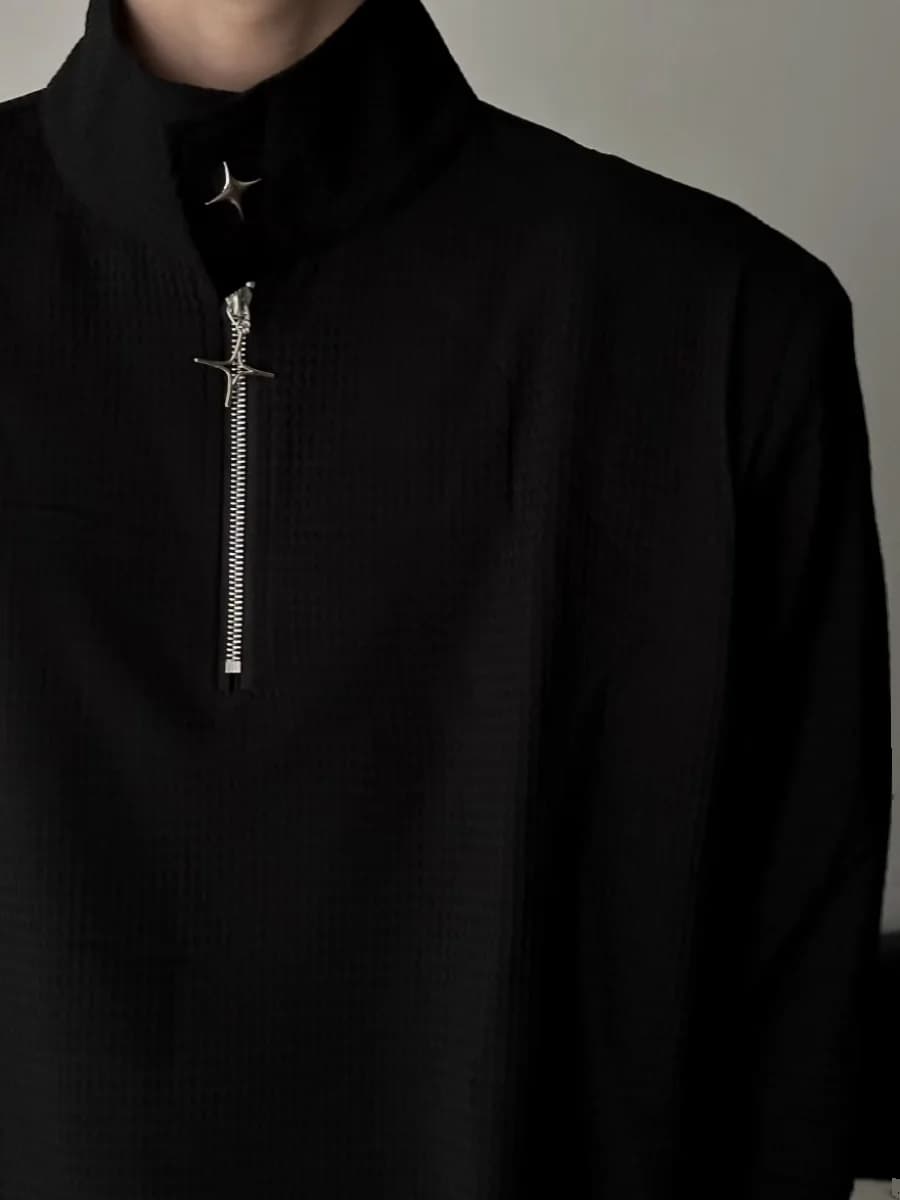 High Collar Hoodie Men's Style Heavyweight Long Sleeve T-Shirt Cleanfit Padded Shoulder Half Zipper Autumn Trendy Casual Oute...