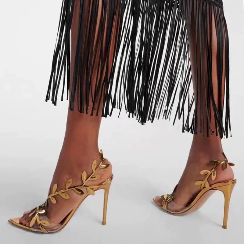 Luxury Gold Leaf Decoration Gladiator Sandalias Ladies Patent Leather Sandals Elegant Pointed Toe Thin High Heels for Banquet