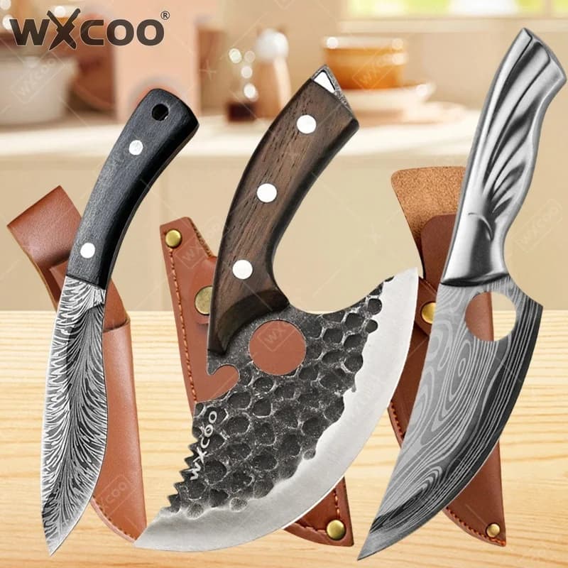 WXCOO Coltello Forgiato da Macellaio per Affettare Carne, Barbecue, Disossare, Coltello da Cucina, Manico Integrale, Coltello da Chef, Utensili da Cucina