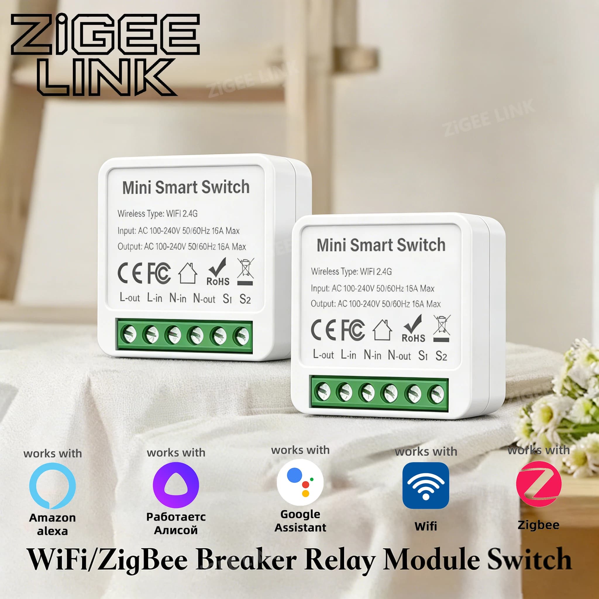 Smart Switch Mini WIFI/ZigBee, 2 Vie Control, Relay 16A, Compatible with Smart Life App, Vocal Control for Tuya Alexa Google