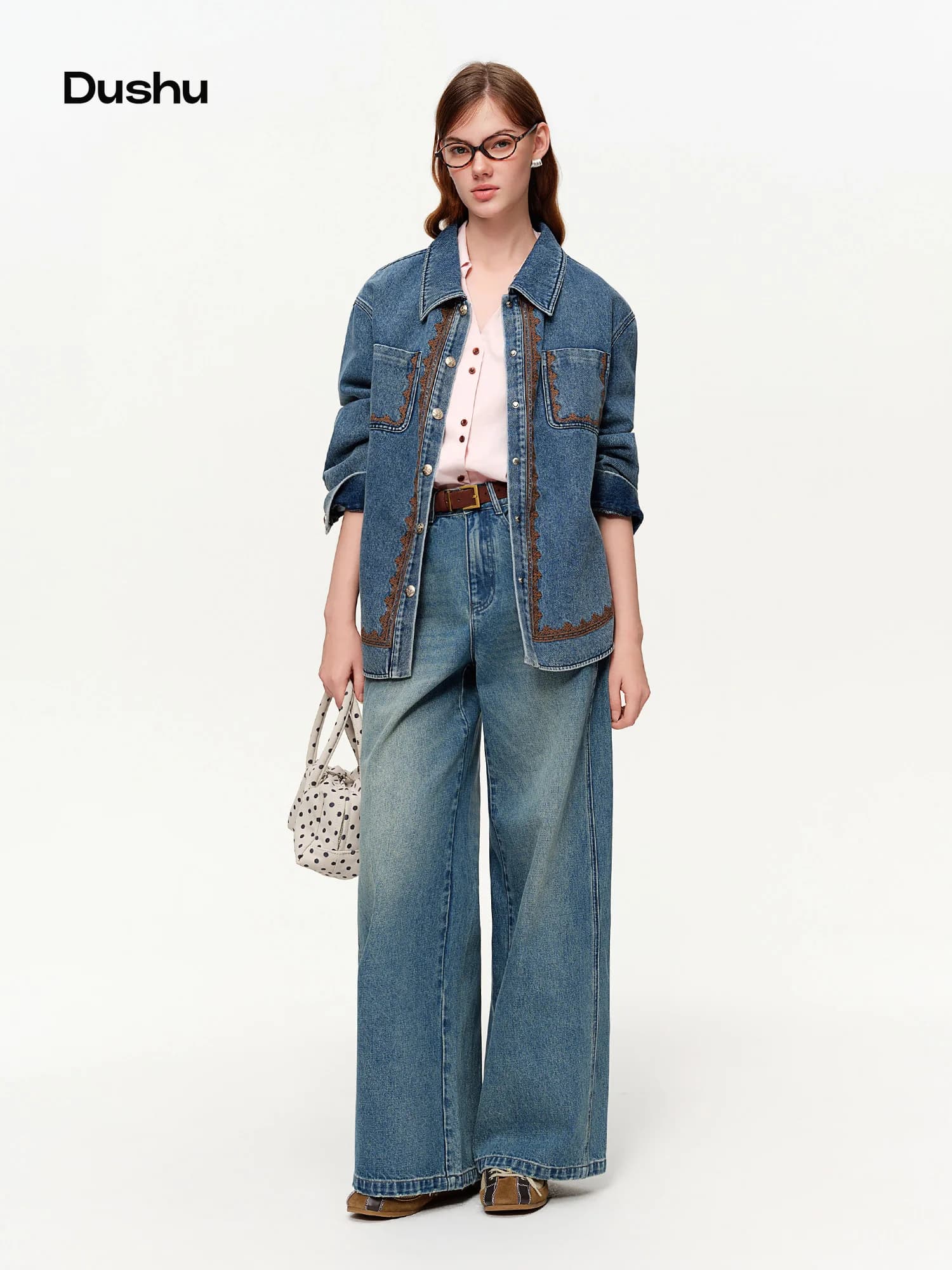 DUSHU Giacca in Denim Blu con Ricami a Contrasto e Pizzo, Nuova Collezione Primavera 2026, Elegante Capospalla in Denim da Donna, Cappotto in Cotone a Maniche Lunghe
