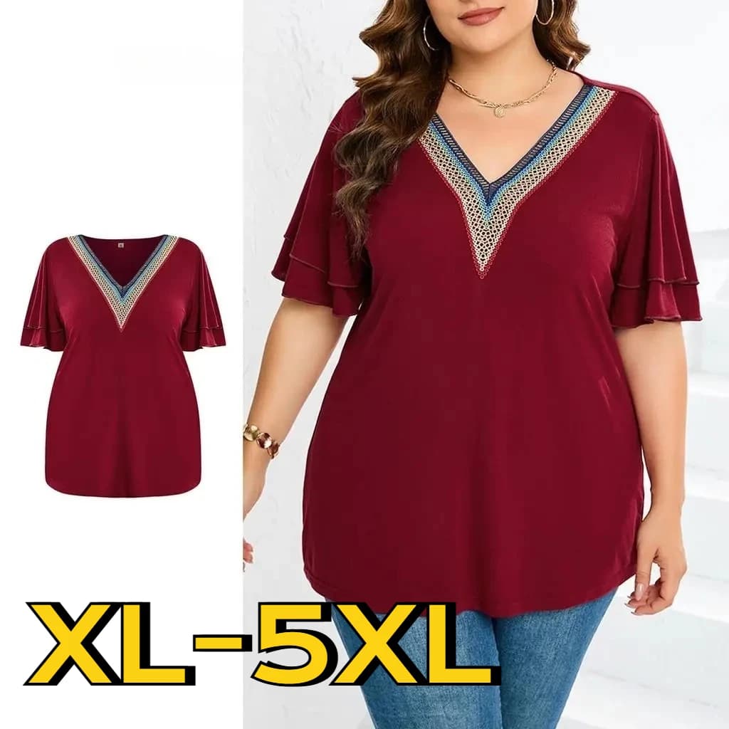 Plus Size Women's Elegant V Neck Blouse, XL-5XL Flare Sleeve Lace Trim Casual T Shirt, Burgundy Loose Fit Summer Tops