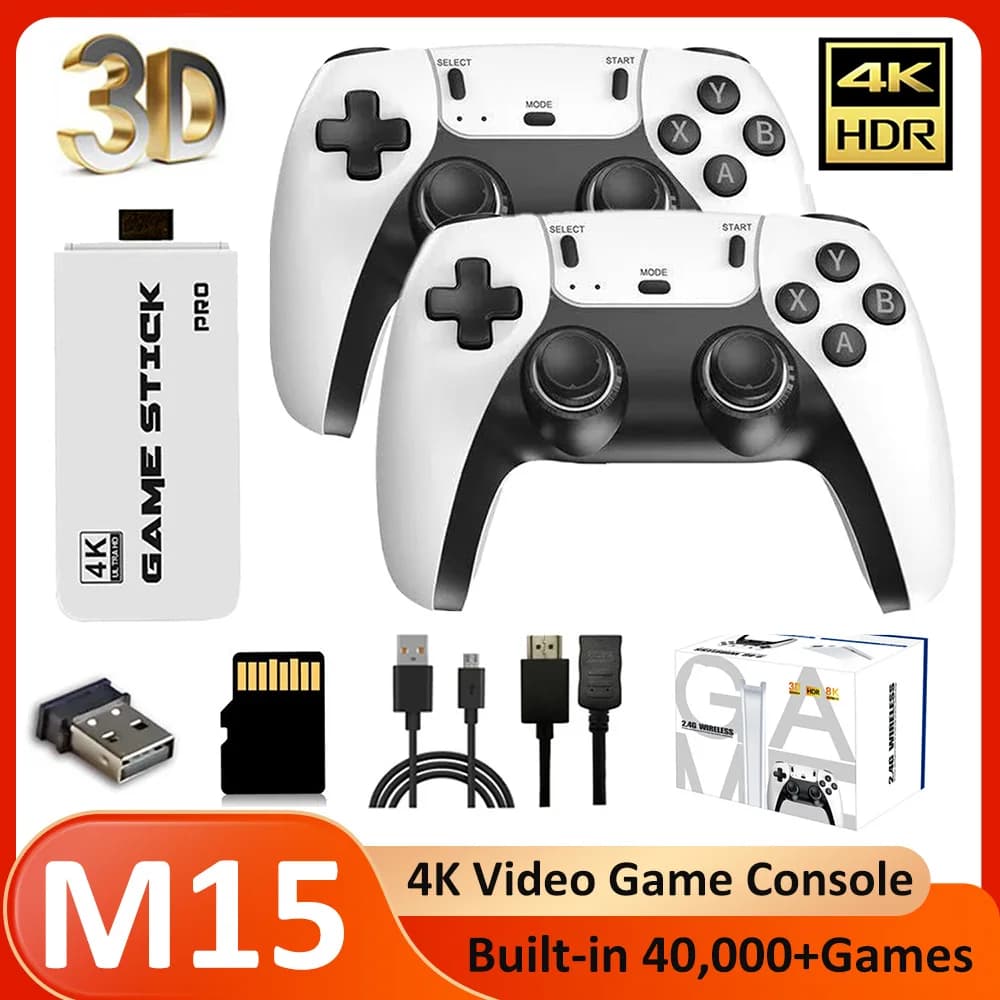 Console di Gioco Familiare M15 4K HD TV Game Stick con 40.000+ Giochi Retro Integrati e Doppi Controller 2.4G, Supporta Oltre 20 Simulatori