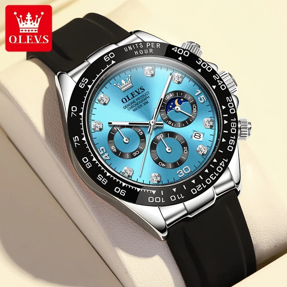 OLEVS 2875 Orologio da Polso Sportivo Originale da Uomo con Fasi Lunari, Calendario, Cinturino in Silicone, Cronografo, Luminoso e Impermeabile