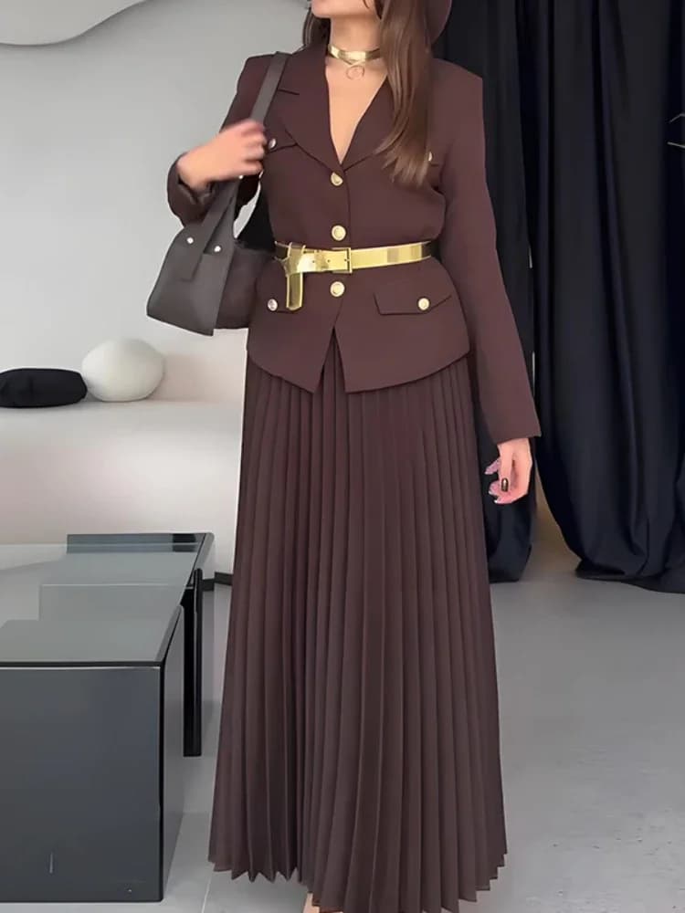 Spring Completion: Long Sleeved Jacket, Plissettata Maxi skirt with belt, Set Two Pieces Black Tinta Unit, Long Dress Women
