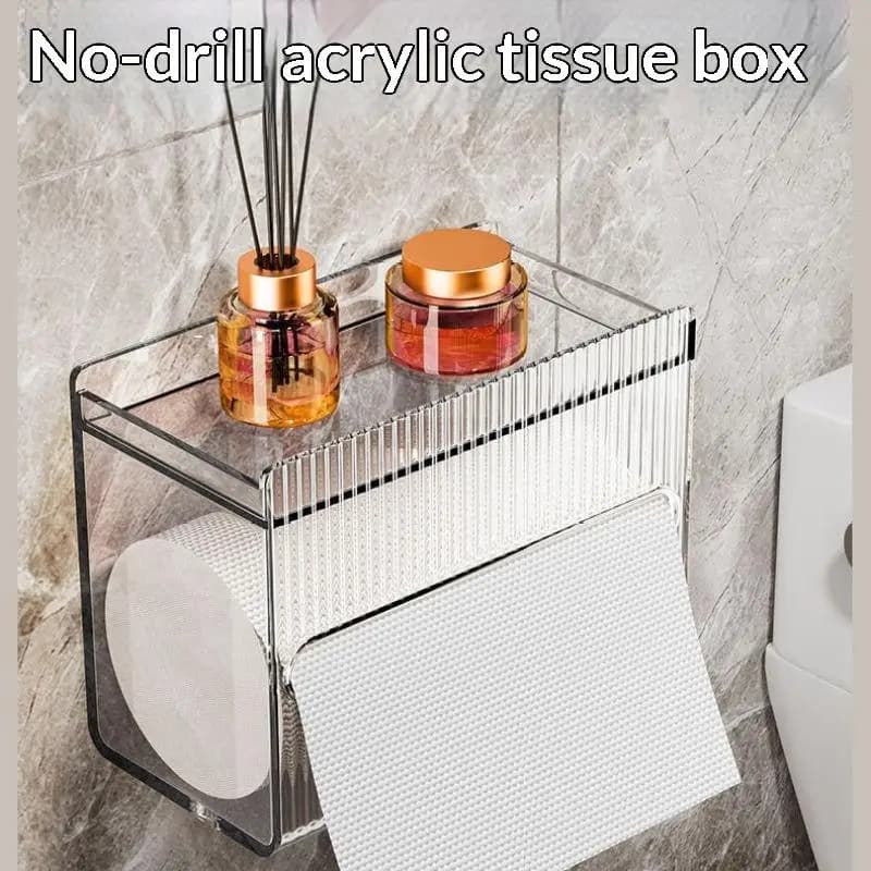 Transparent Acrylic Wall Mounted Toilet Paper Holder with Top Phone Shelf, Household Bathroom Storage Organizer