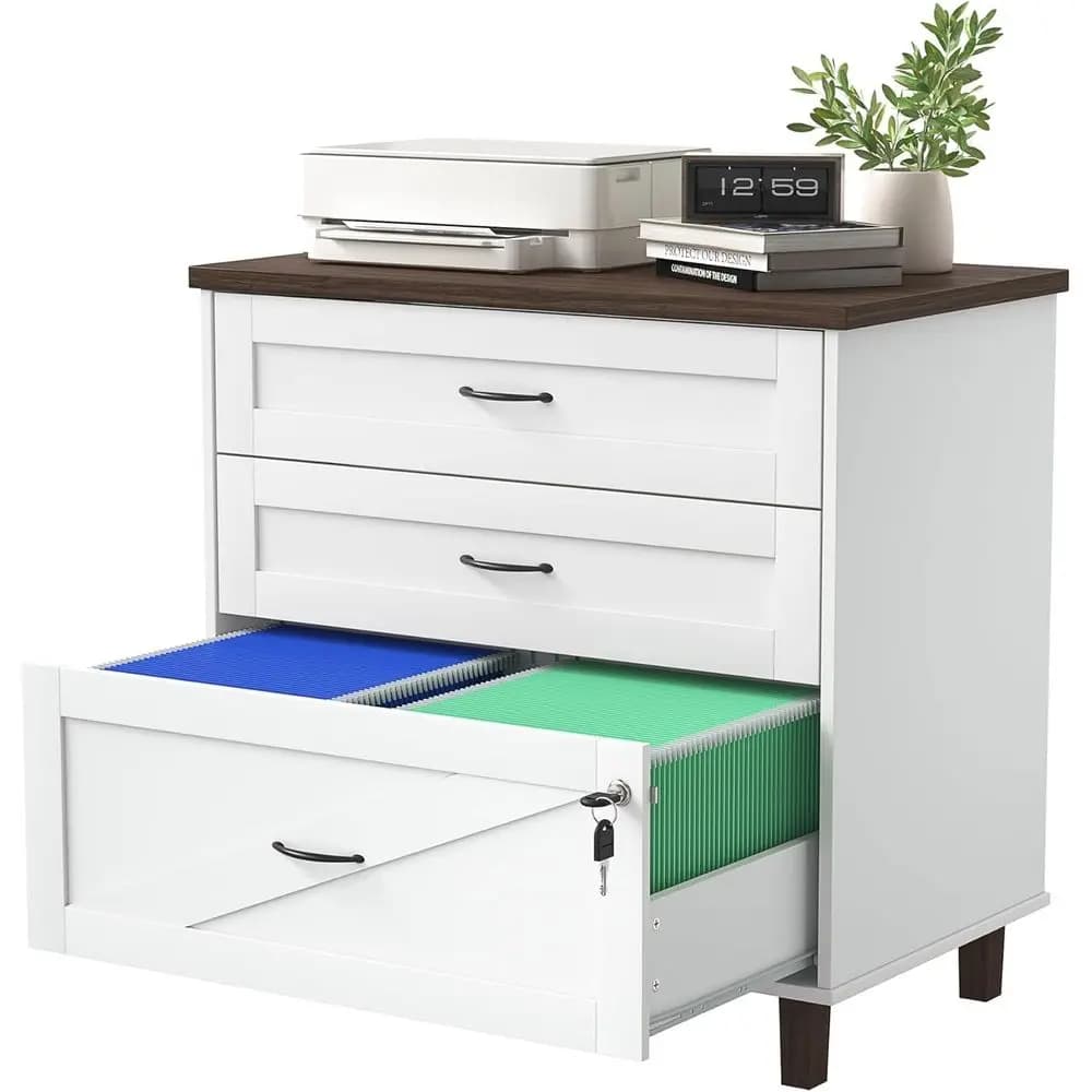 Classificatore laterale a 3 cassetti ampio per documenti A4/Letter, organizer in legno bianco con cartelle sospese per ufficio e casa