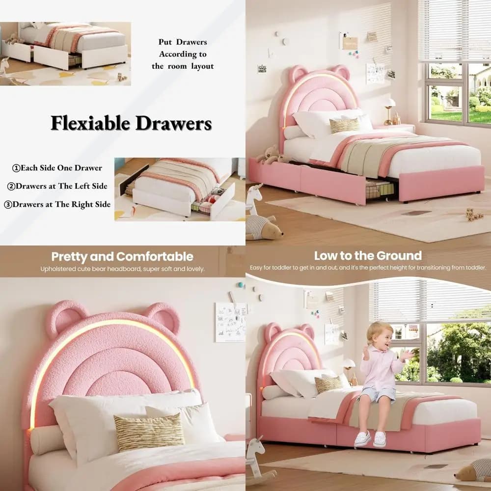 Letto a piattaforma in velluto per bambini/ragazze, con 2 cassetti contenitore, luci LED, testiera arcobaleno, doghe in legno massello, senza base a rete