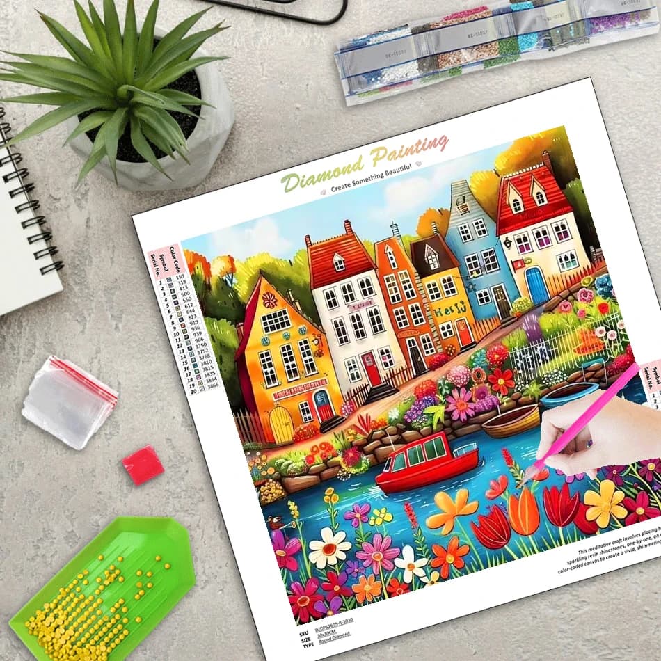 RUOPOTY Colorful House Diamond Painting Wall Art Picture Diy Making Kits Scenery Full Round Modern Art Supplies Rhinestone