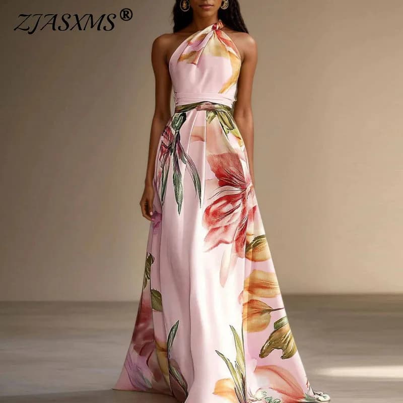 Women's long dress with floral print spring, high waist, sleeveless, carved edge, summer boho style