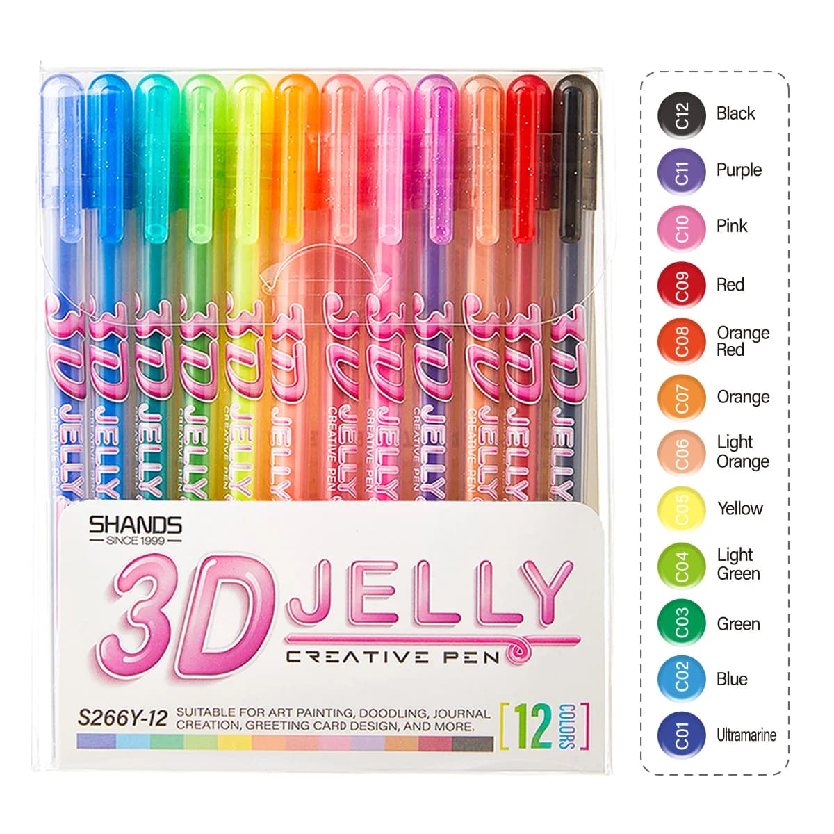 SHANDS Set di 12 penne gel gelatina 3D, punta audace da 1,0 mm, inchiostro vibrante, asciugatura rapida e liscia per disegnare, giardini e ritorno a scuola