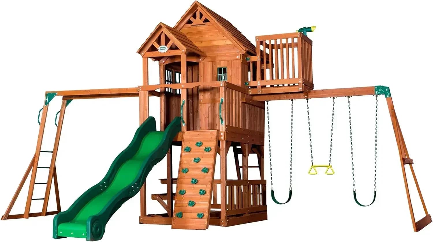 Set Altalena in Legno di Cedro con Scivolo a Onda, Clubhouse Rialzato, Nido d'Aquila, Barre da Arrampicata, Balcone, Altalene a Cinghia, Trapeze, Roccia