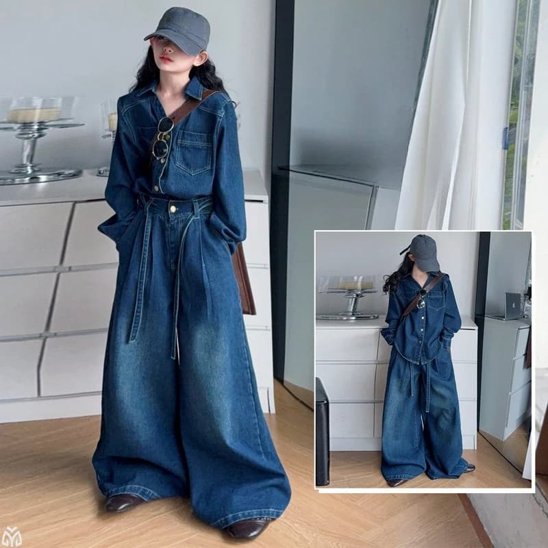 Abito in denim per ragazze adolescenti di design francese Giacca in camicia di jeans irregolare + jeans a gamba larga 2 pezzi pantaloni per bambini junior adatti a abiti per bambini