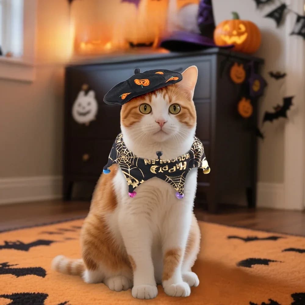 Set di sciarpe di Halloween per animali domestici con cappello zucca cappello da strega gatto cane set da festa di Halloween per kit di trasformazione di animali domestici