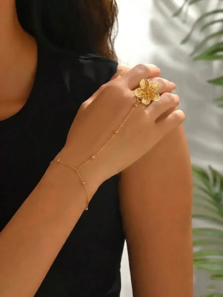 Elegant Womens Flower Hand Chain Bracelet With Rhinestones Metal Ball Chain For Daily Wear Party Vacation