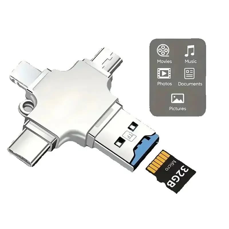 Lettore di schede SD quattro in uno universale con elevata velocità di trasferimento per Android/Mac/PC | Porta Lightning e USB-C portatile