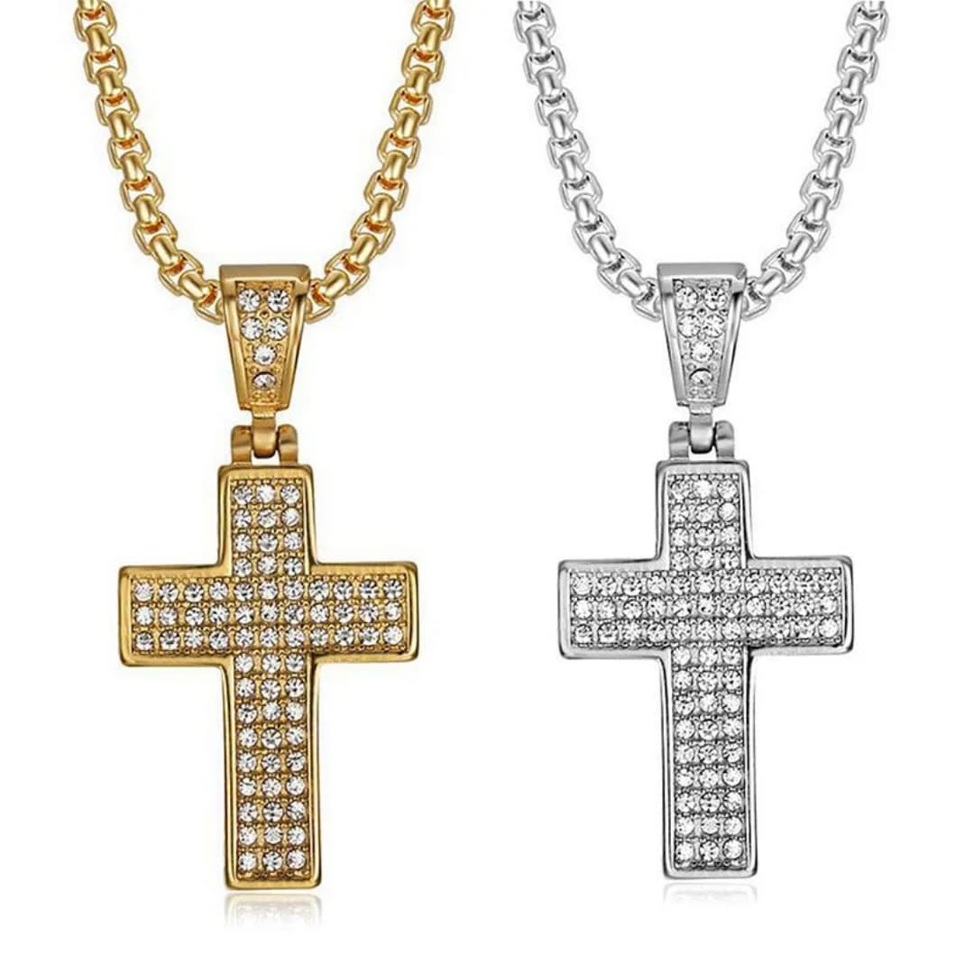 Luxury Tennis Necklace with Cross Pendant in Zirconia, Color Gold and Silver, Stainless Steel Chain for Woman and Man