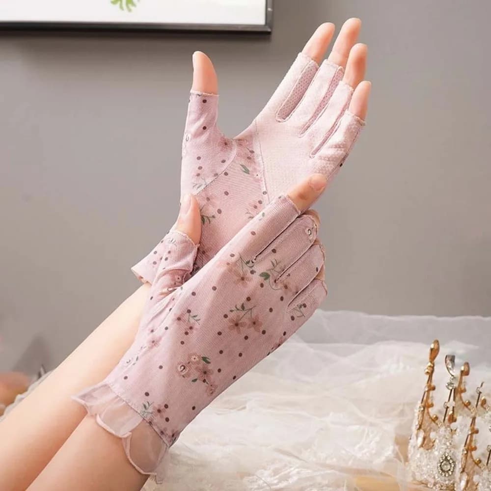 1 paio di guanti traspiranti per protezione solare, guanti a mezze dita, in silicone, antiscivolo, ad asciugatura rapida, in rete, sottili, con stampa floreale