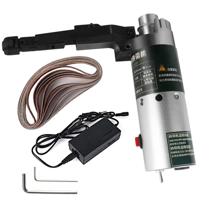 Levigatrice a Nastro Elettrica 100W, Mini Smerigliatrice Fai-da-Te 10000 giri/min, Piccola Macchina Portatile con 9 Nastri per Lavorazione del Legno