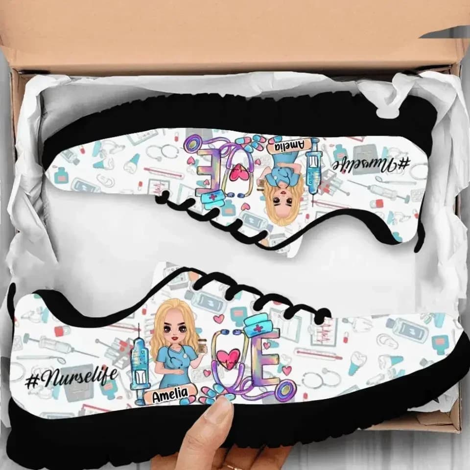 Scarpe basse da infermiera Kawaii da donna, sneakers in rete con lacci, motivo strumenti medici, calzature da donna leggere, regalo Zapatillas
