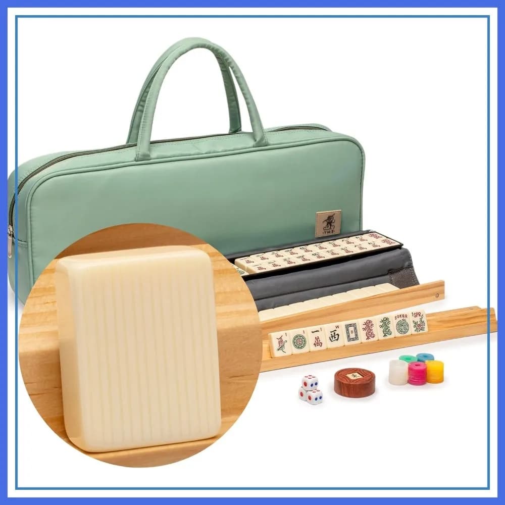 Set Mahjong Americano, 166 Tessere con Custodia in Tessuto Verde Menta, Supporti in Legno, Monete per il Punteggio, Dadi, Indicatore del Vento