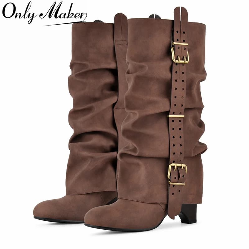 Onlymaker Women Brown Round Toe Ruched Slouchy Knee High Boots Buckle Low Heel Pleated Casual Elegant Retro Fashion Boots