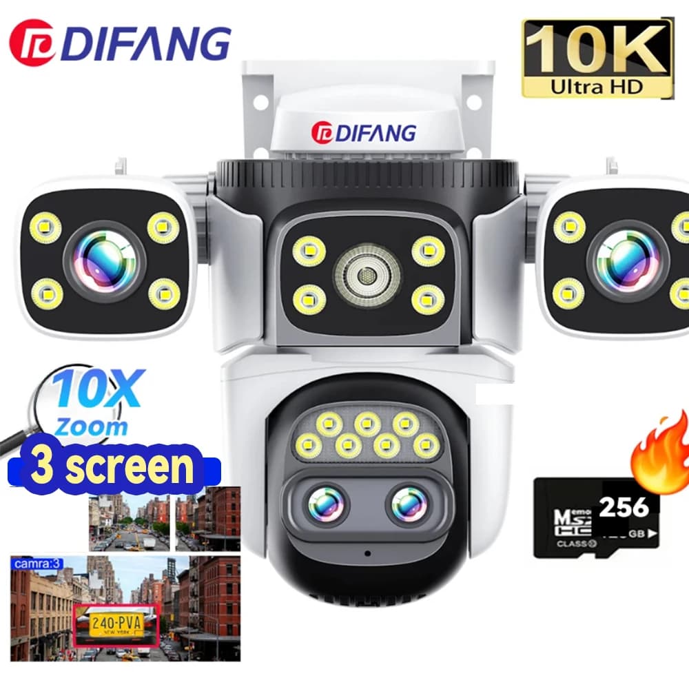 10K 20MP WiFi IP Camera Outdoor 10X Zoom Four LensThree Screen Ai Track Home Protection 8K Waterproof Home Security Camera
