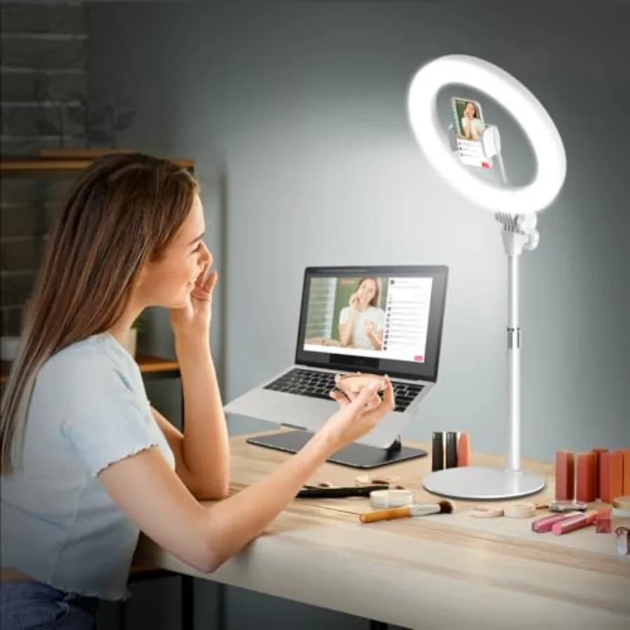Anello Luminoso con Supporto per Streaming - Illuminazione LED da Scrivania da 10'' con Supporto per Telefono per Laptop, Webcam, Monitor del Computer, Luce Circolare