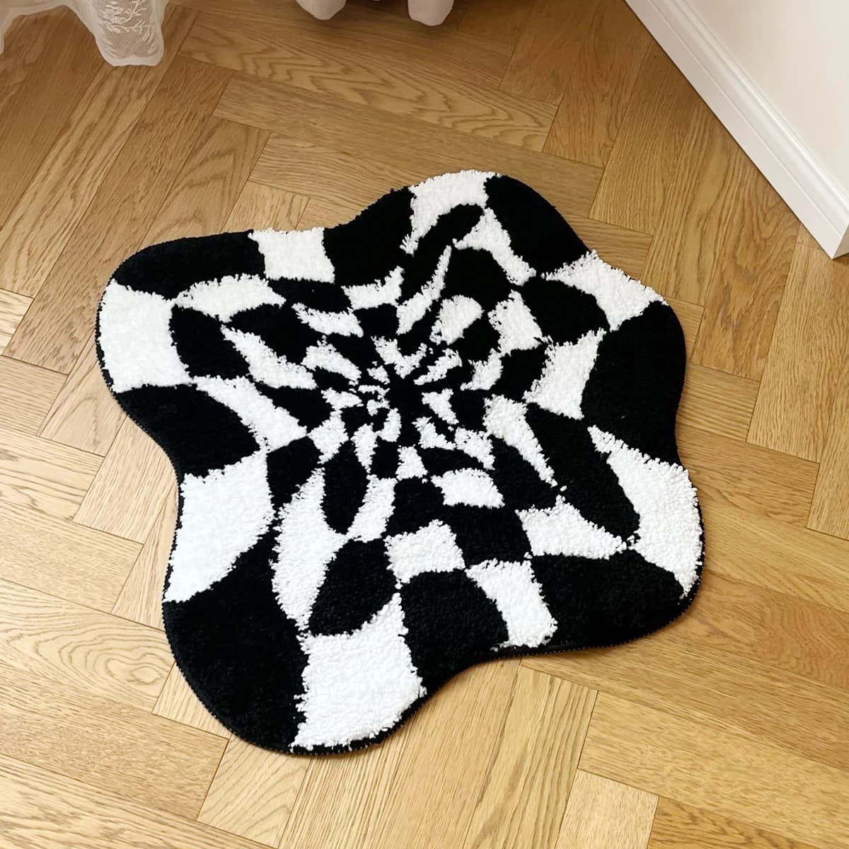 Tappeto trapuntato a forma di nuvola a scacchi con illusione 3D astratta-Design moderno in bianco e nero fatto a mano-tappeto per portico artistico fluido