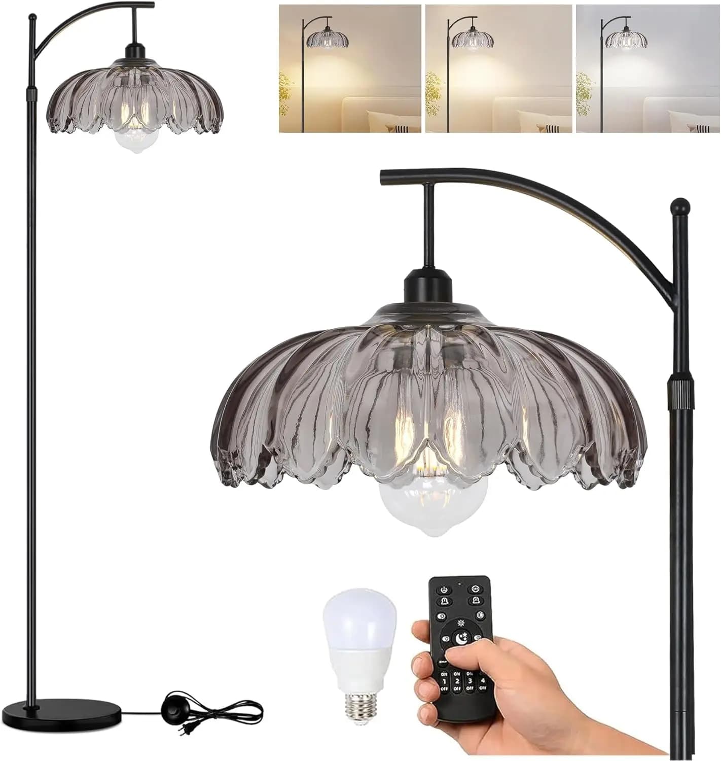 Lampada da Terra Dimmerabile con Telecomando e Paralume in Vetro Grigio, Design Vintage per Soggiorno, Camera da Letto, Ufficio, Angolo